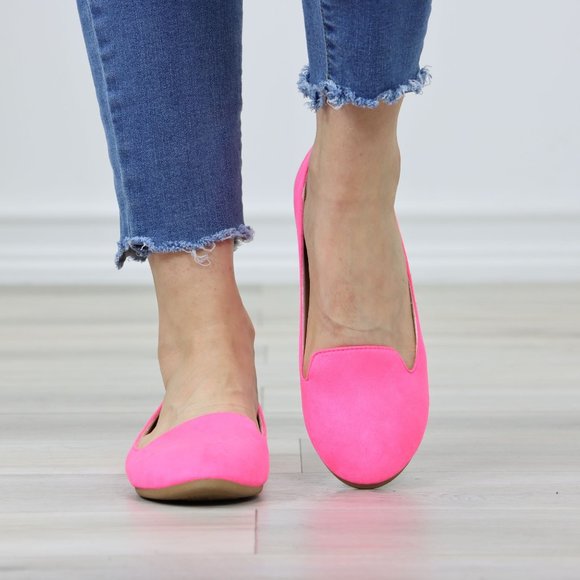 Neon Pink Faux Suede Rounded Toe Slip On Flat Shoes - Picture 9 of 12